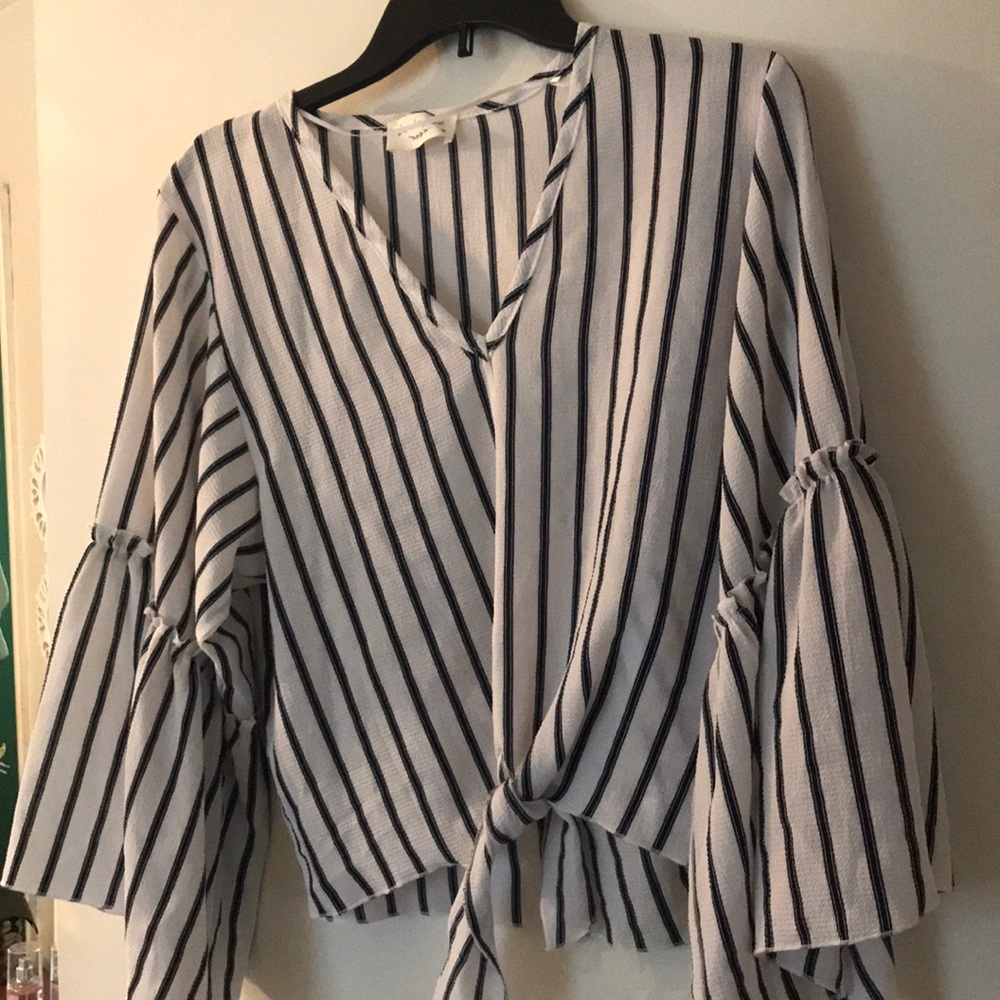 Blue and white striped tie blouse